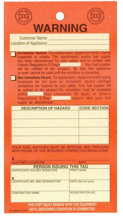 TSSA Warning Tag with Type A immediate hazard and Type B non-immediate hazard checkboxes