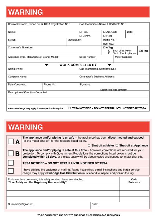 TSSA warning forms showing A Tag for unsafe equipment and B Tag for equipment requiring corrections