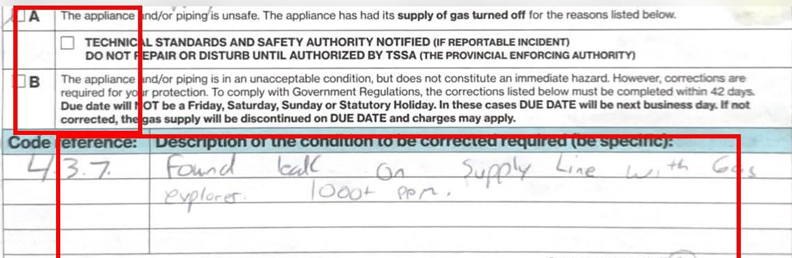 Red tagged gas equipment requiring TSSA-licensed repair